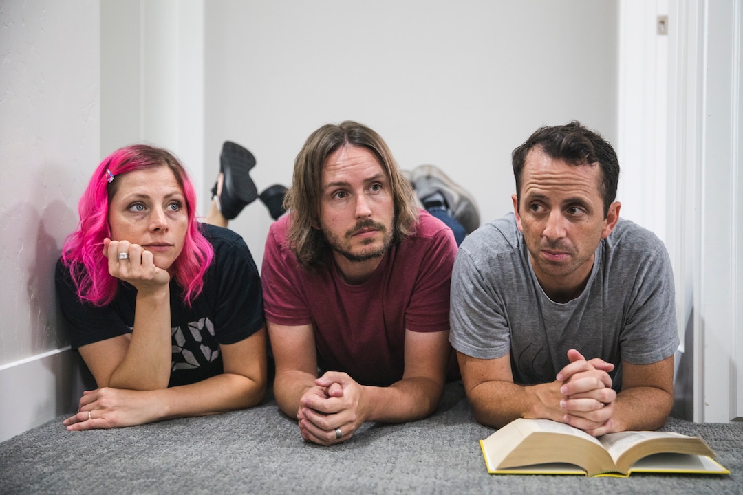 (Clark Clifford  |  For The Salt Lake Tribune) Elaine Bradley, Chris Bennett, and Bryce Taylor of Noble Bodies recreate an old band photograph at their rehearsal space in Orem on Saturday, Aug. 3, 2019.