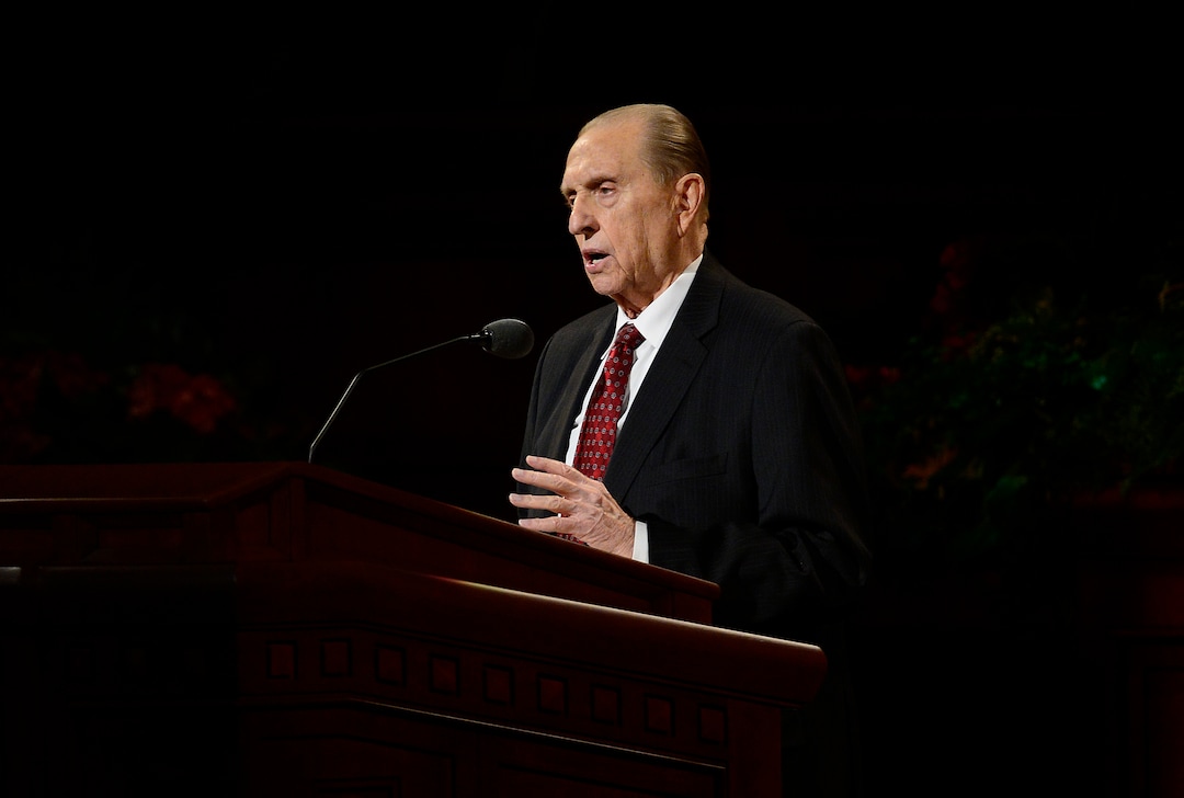 (Scott Sommerdorf   |  The Salt Lake Tribune) President Thomas S. Monson speaks at the 185th Semiannual General Conference, Sunday, October 4, 2015.