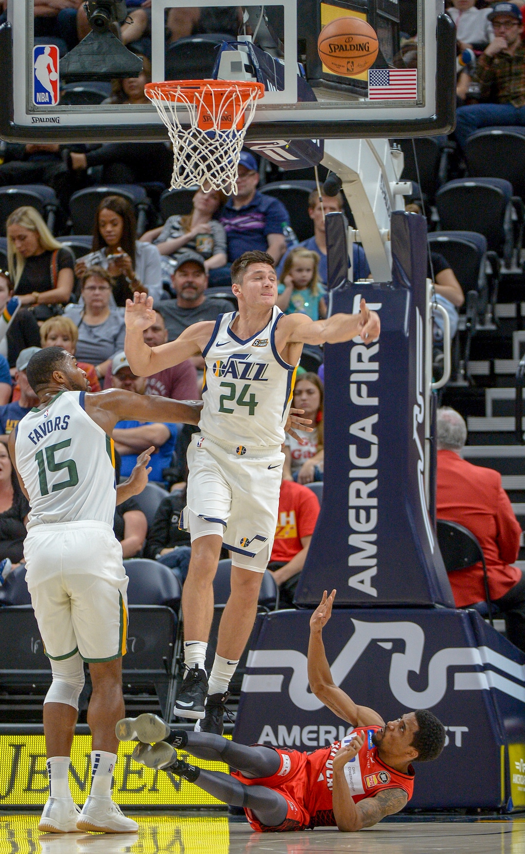 Leah Hogsten  |  The Salt Lake Tribune  Utah Jazz guard Grayson Allen (24) jumps over Perth Wildcats guard Bryce Cotton (11) while trying to rebound as the Utah Jazz host the Perth Wildcats, Sept. 29, 2018 at Vivint Smart Home Arena.