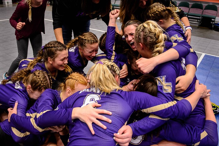 (Trent Nelson | The Salt Lake Tribune) North Summit players celebrate after defeating Enterprise in the 2A State Volleyball Championship game in Orem, Saturday October 28, 2017.