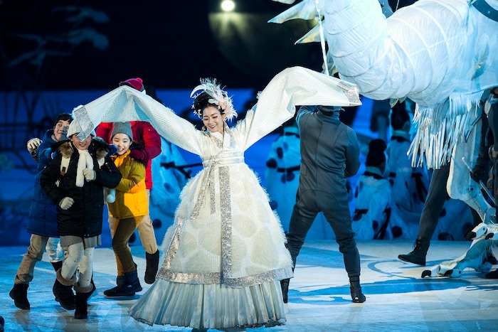 (Chris Detrick  |  The Salt Lake Tribune)  Performers act during the Pyeongchang 2018 Winter Olympics opening ceremony at Olympic Stadium Friday, February 9, 2018.  