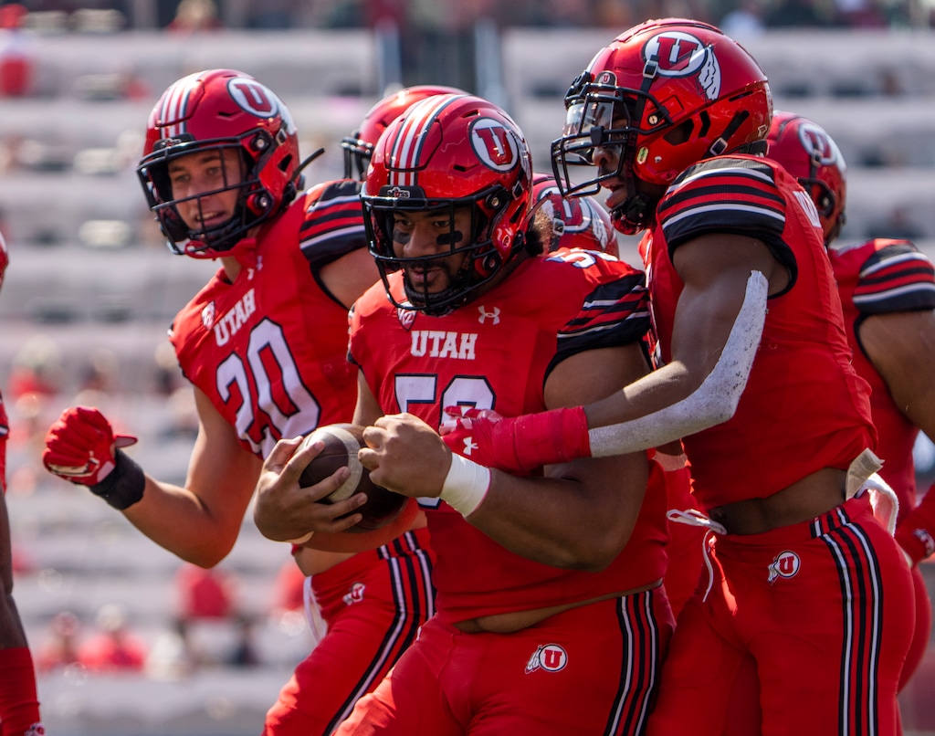 (Rick Egan | The Salt Lake Tribune) Utes defensive tackle Junior Tafuna (58) celebrates after intercepting a pass for Utah, in football action at Rice-Eccles Stadium between the Utah Utes and the Southern Utah Thunderbirds on Saturday, Sept. 10, 2022.
