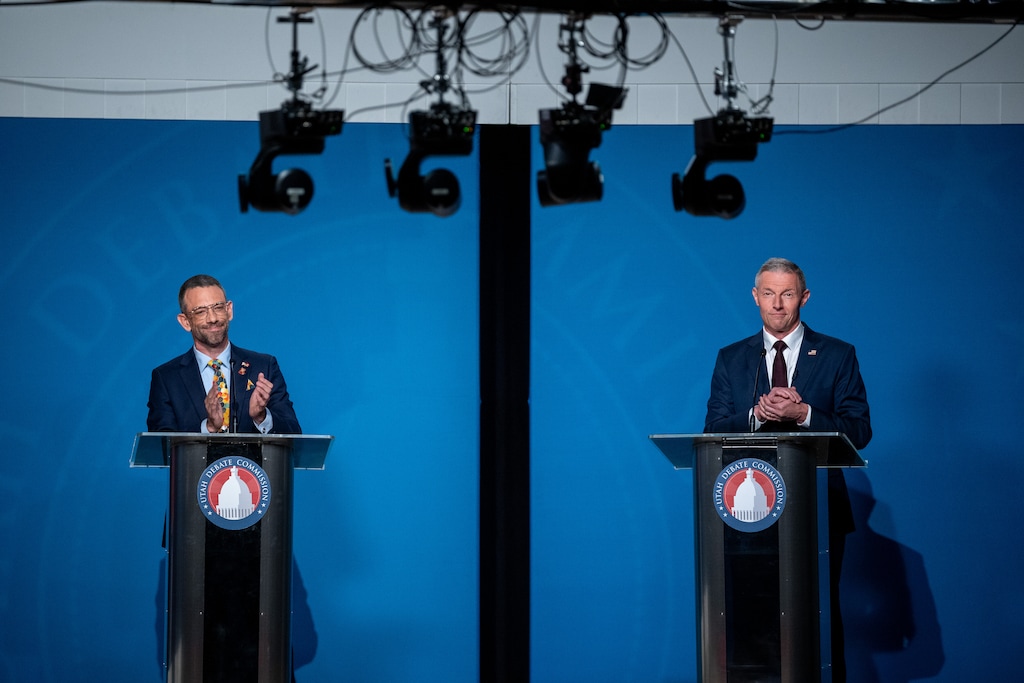 (Trent Nelson  |  The Salt Lake Tribune) Candidates for Utah’s 4th Congressional District Democrat Jonny Larsen, left, and Republican Mike Kennedy participate in a debate at Snow College in Ephraim on Thursday, Oct. 8, 2026.