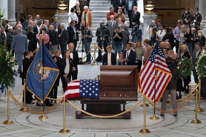 (Francisco Kjolseth | The Salt Lake Tribune) Mourners pass the casket of former U.S. Sen. Orrin Hatch at the Utah Capitol during a public viewing on Wednesday, May 4, 2022.Hatch, the longest-serving Republican senator in U.S. history and the longest-serving from Utah, died April 23 at age 88.