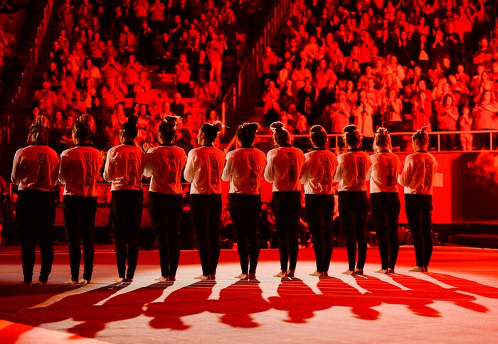 (Francisco Kjolseth  |  The Salt Lake Tribune)  Gathered before the crowd, Utah gets ready to hosts Penn State in their season opener at the Huntsman Center in Salt Lake City on Saturday, Jan. 5, 2019.