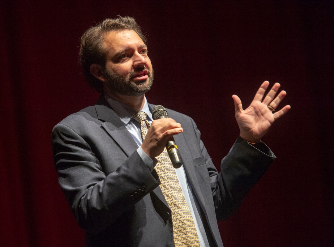 (Rick Egan  |  The Salt Lake Tribune)     Jeff Merchant speaks to the Salt Lake County Democratic Party's Central Committee members, as one of 10 candidates vying the at-large Country Council seats left vacant by now-Salt Lake County Mayor Jenny Wilson, at Eisenhower Jr High, Saturday, Feb. 23, 2019.