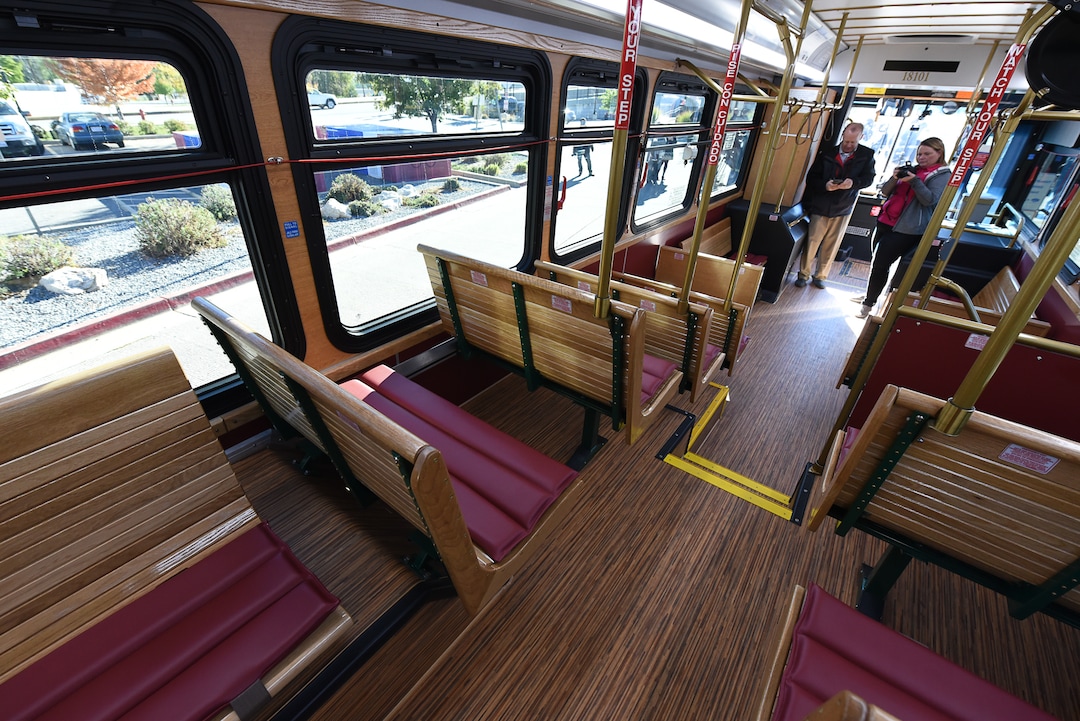 (Francisco Kjolseth  |  The Salt Lake Tribune)  UTA unveils a new historic-style trolley bus at the Layton Frontrunner station on Monday, Oct. 15, 2018, that will operate for free on Route 628 in Layton.
