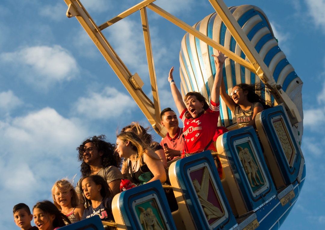 (Rick Egan  |  The Salt Lake Tribune)   The ride Pharaoh's Fury thrills the crowd at the Utah State Fair, on a busy Monday,  Sept. 10, 2018.