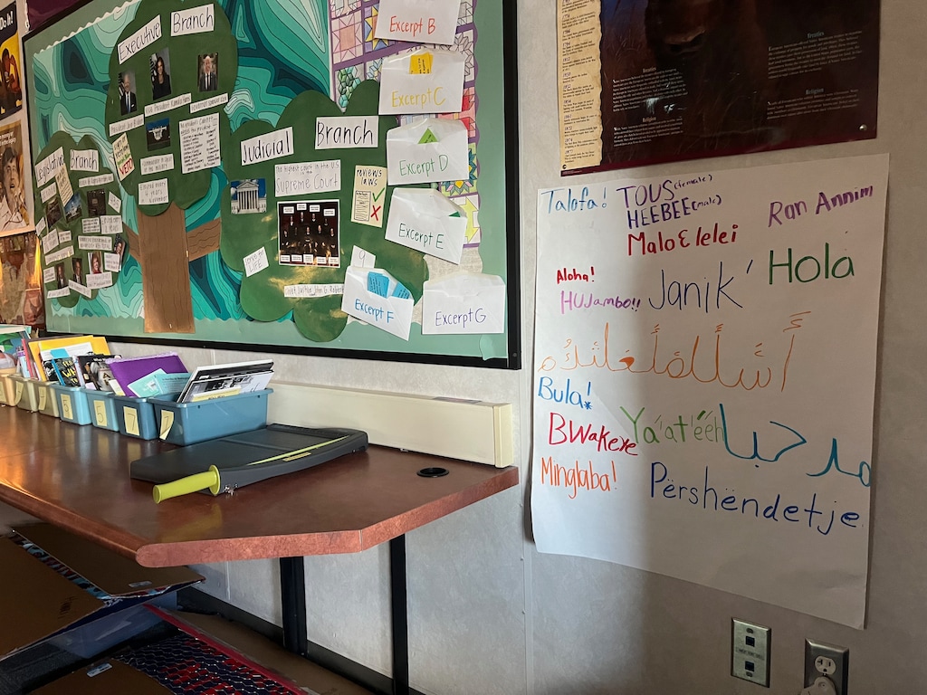 (Sayre Posey) A poster in Sayre Posey's classroom where students wrote “hello” in their home languages.