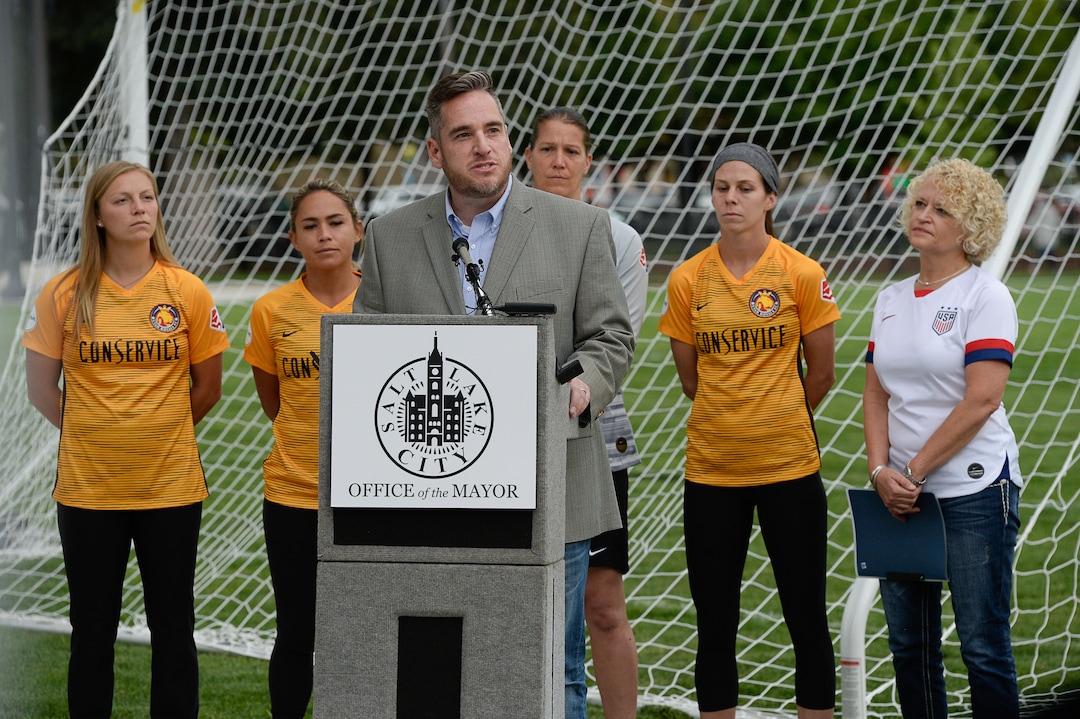(Francisco Kjolseth  |  The Salt Lake Tribune)  Salt Lake City Councilman Charlie Luke is joined by Utah Royals FC players Maddie Nolf, LoÕeau LaBonta, Nicole Barnhart, Erika Tymrak and Mayor Jackie Biskupski, from left, as Salt Lake CityÕs Parks and Public Lands Division invites the public to attend a jubilee in celebration of the recently completed improvements at Pioneer Park on Tuesday, September 10, 2019.