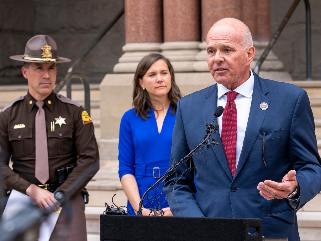 (Rick Egan | The Salt Lake Tribune) Carlos M. Braceras, executive director of the Utah Department of Transportation, talks about the a recent increase in traffic deaths on Utah's roads, during a news conference in front of City Hall, on Thursday, May 5, 2022.