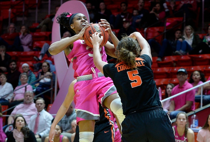 Scott Sommerdorf | The Salt Lake TribuneUtah Utes forward Tanaeya Boclair (32) trues to get up a shot during second half play. Oregon State defeated Utah 69-58, Friday, January 26, 2018.