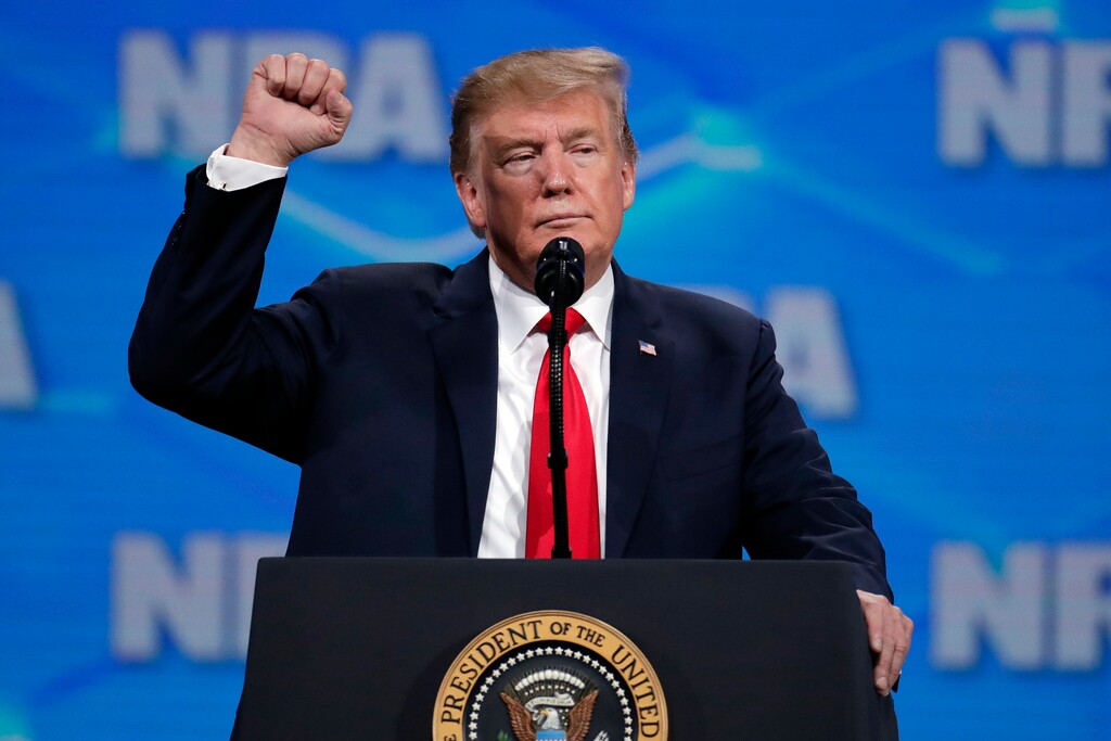 (Michael Conroy | AP file photo)  President Donald Trump speaks at the National Rifle Association Institute for Legislative Action Leadership Forum in Lucas Oil Stadium in Indianapolis on April 26, 2019.