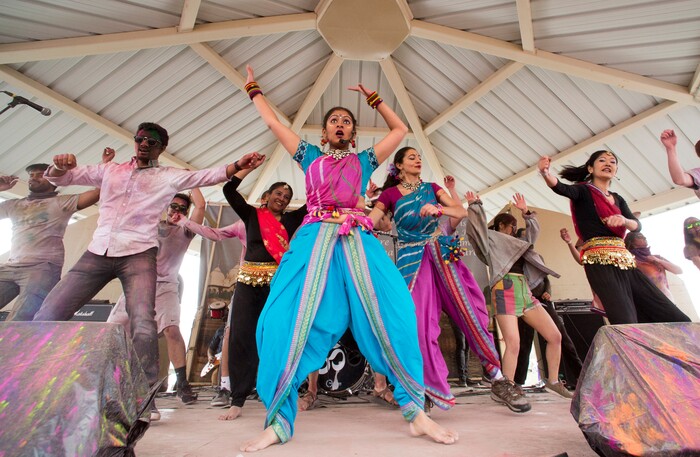 (Rick Egan  |  The Salt Lake Tribune)      Aakansha Maheshwari performs with Aakansha Bollypop, during the 22nd annual Holi Festival of Colors at the Sri Sri Radha Krishna Temple in Spanish Fork, Saturday, March 24, 2018. The festival which celebrates the beginning or spring is also known as at the Festival of Love.