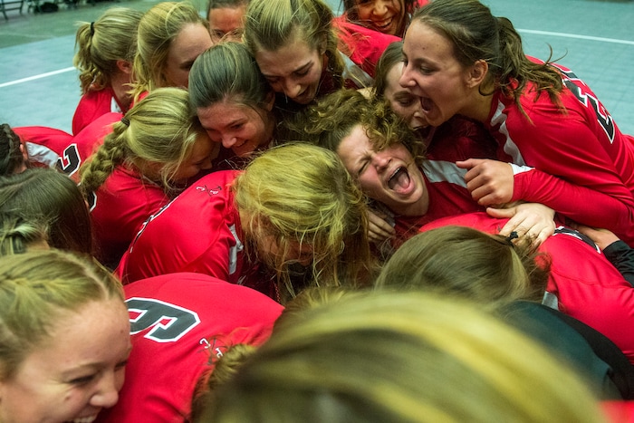 (Chris Detrick  |  The Salt Lake Tribune)  Park City Miners celebrate after winning the 4A volleyball state championships at the UCCU Center at Utah Valley University Thursday, October 26, 2017.  Park City defeated Sky View 3-0.