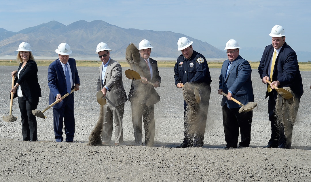(Scott Sommerdorf   |  The Salt Lake Tribune)   Utah Governor Gary Herbert, center, turns dirt along with other dignitaries at the site of the new prison, Wednesday, August 16, 2017. Rep. Brad Wilson, R-Layton, is left of the Governor, and Utah Dept. of Corrections Executive Director Rollin Cook is to the right.