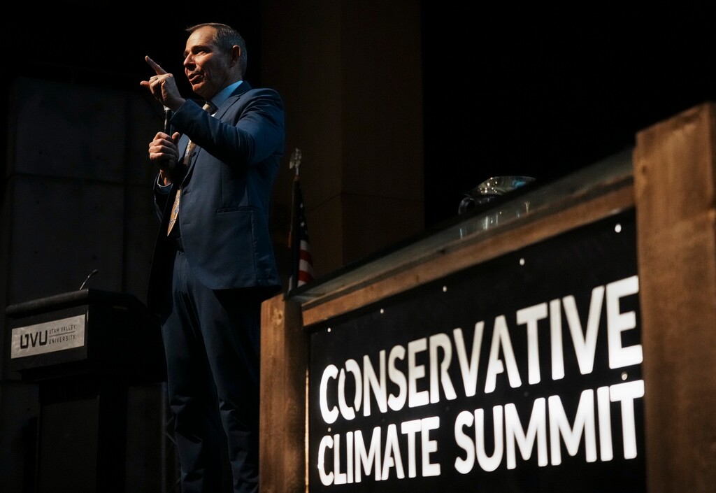 (Bethany Baker | The Salt Lake Tribune) U.S. Rep. John Curtis (UT-03) speaks during the Conservative Climate Summit 2024 at Utah Valley University in Orem on Friday, Oct. 4, 2024.