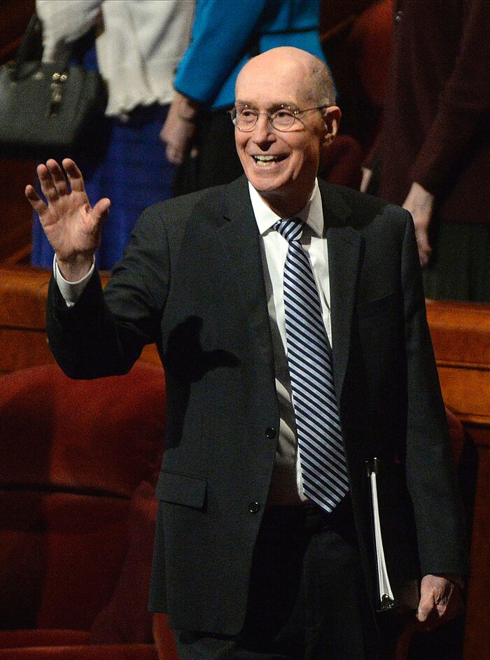 (Al Hartmann  |  The Salt Lake Tribune) 	
President Henry Eyring, first counselor to the First Presidency, waves to audience at concusion of the Sunday morning session of the LDS Church’s 187th Semiannual General Conference in Salt Lake City on Sunday Oct. 1.