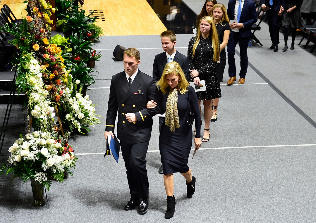 Scott Sommerdorf | The Salt Lake TribuneMary Kay Huntsman leaves the services with her son at the conclusion of funeral services for Jon M. Huntsman, Sr., Saturday, February, 10, 2018. 