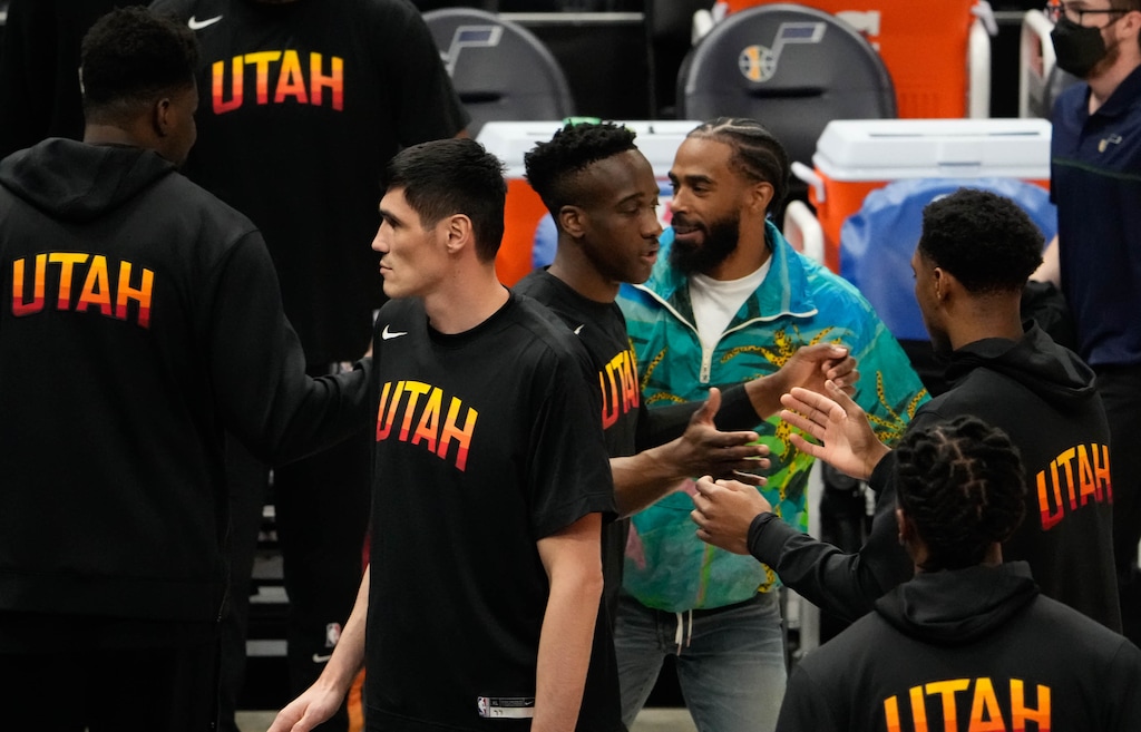 (Francisco Kjolseth | The Salt Lake Tribune) Utah Jazz guard Mike Conley (10) engages in one of many special handshakes with teammates before the start of the game against the Portland Trail Blazers, at Vivint Smart Home Arena, on Wednesday, May 12, 2021.
