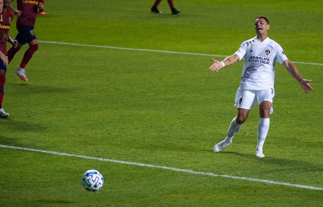 (Francisco Kjolseth  |  The Salt Lake Tribune) Los Angeles Galaxy forward Javier Hernandez (14) sees a chance fall away as Real Salt Lake hosts L.A. Galaxy at Rio Tinto Stadium in Sandy on Wednesday, Sept. 23, 2020.