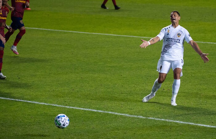 (Francisco Kjolseth  |  The Salt Lake Tribune) Los Angeles Galaxy forward Javier Hernandez (14) sees a chance fall away as Real Salt Lake hosts L.A. Galaxy at Rio Tinto Stadium in Sandy on Wednesday, Sept. 23, 2020.