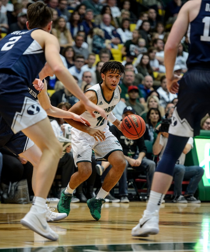 (Steve Griffin  |  The Salt Lake Tribune) Utah Valley Wolverines guard Ben Nakwaasah (10) looks to pass during the BYU versus UVU basketball game at UCCU Center on the UVU campus in Orem Wednesday November 29, 2017.