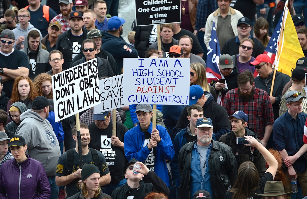 (Scott Sommerdorf | The Salt Lake Tribune) The pro gun "March Before Our lives" rallied at the Utah State Capitol after their march from West High School, Saturday, March 24, 2018.