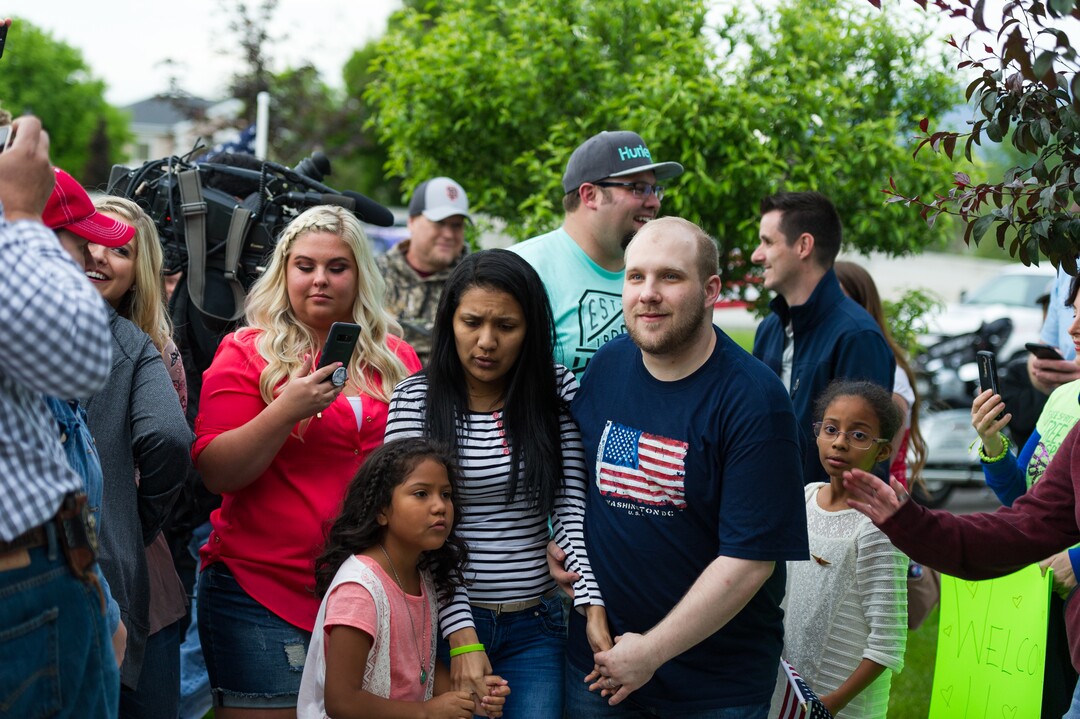 Alex Gallivan  |  Special to the Tribune Hundreds of people tuned out in Riverton to celebrate the arrival of Josh Holt, his wife, Thamy, and their daughter, Marian, Monday, May 28,2018