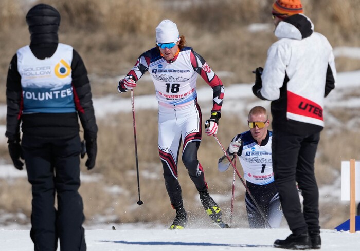 (Francisco Kjolseth | The Salt Lake Tribune) Bjorn Riksaasen of the University of Utah competes in the men’s 10K classic during the NCAA Skiing Championships held at the Soldier Hollow Nordic Center on Thursday, March 10, 2022 in Midway, Utah. 