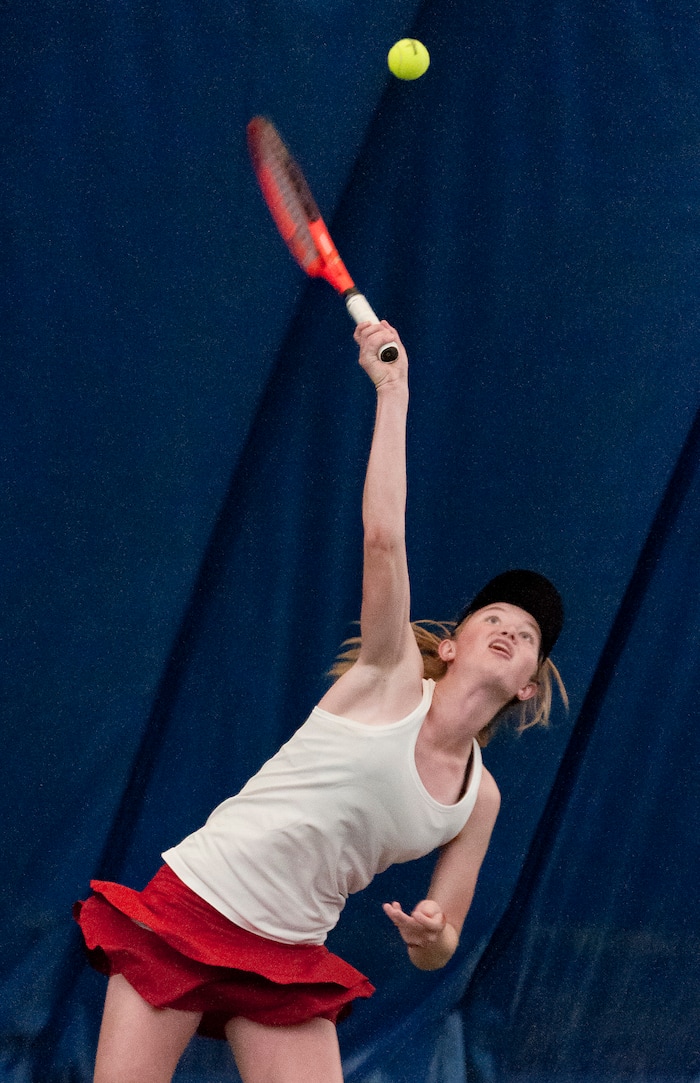 Michael Mangum  |  Special to the TribuneWaterford's Sophie Christensen takes a serve during the Utah high school state tennis finals at the Salt Lake Tennis & Health Club in Salt Lake City on Saturday, September 30, 2017. Christensen was defeated by Rowland Hall's Katie Foley for the 3A 1st singles state championship.