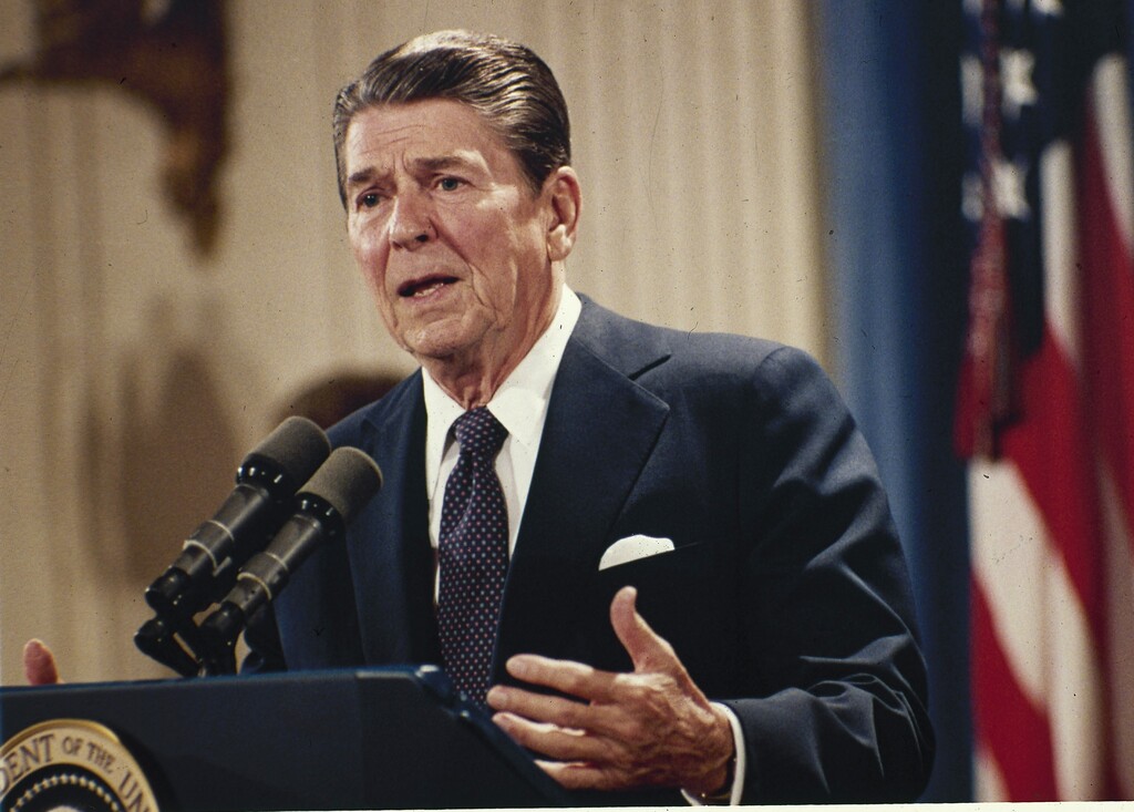 FILE - In this Oct. 19, 1983 file photo, President Ronald Reagan speaks during a news conference at the White House in Washington.  (AP Photo/J. Scott Applewhite, File)
