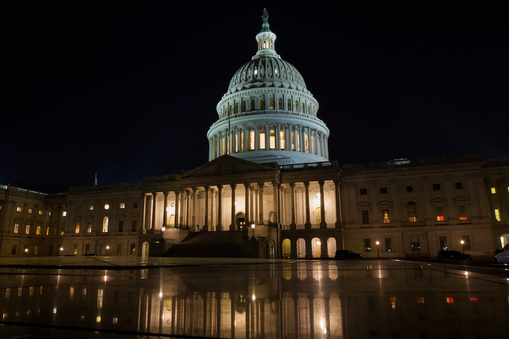 The U.S. Capitol in Washington on Thursday night, Feb. 8, 2018. The Senate passed a budget deal and spending measure to reopen the shuttered federal government early Friday morning, sending the bill to the House. (AP Photo/Jon Elswick)