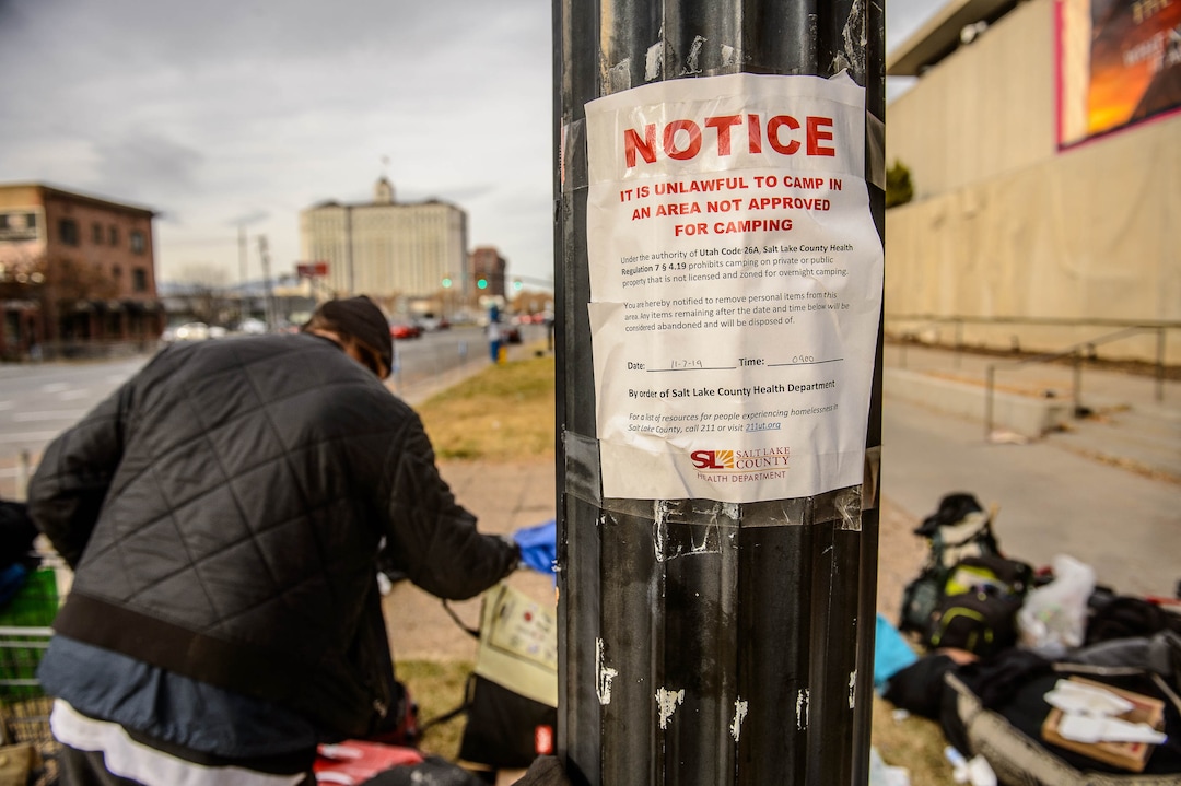(Trent Nelson  |  The Salt Lake Tribune) A posted notice by the Salt Lake County Health Department prohibiting camping near the Salt Lake City Library on Tuesday, Nov. 19, 2019.