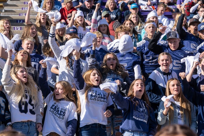 (Rick Egan | The Salt Lake Tribune) Duchesne Eagle fans cheer on their team, in 1A Football Championship action between the Duchesne Eagles and the Layton Christian Academy Eagles, at the Elizabeth Dee Shaw Stewart Stadium in Ogden, on Saturday, Nov. 13, 2021.