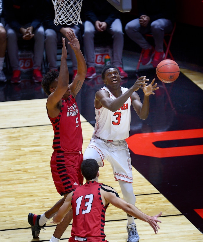 (Scott Sommerdorf   |  The Salt Lake Tribune)   Utah's Donnie Tillman looses control of the ball as he drives to the hoop during second half play.Utah defeated Eastern Washington 85-69, Friday, November 24, 2017. 