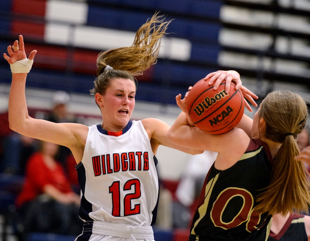 (Trent Nelson  |  The Salt Lake Tribune)  Woods Cross's Paige McKenna and Viewmont's Melissa Sorenson as Woods Cross hosts Viewpoint High School girls' basketball, Wednesday, January 24, 2018.