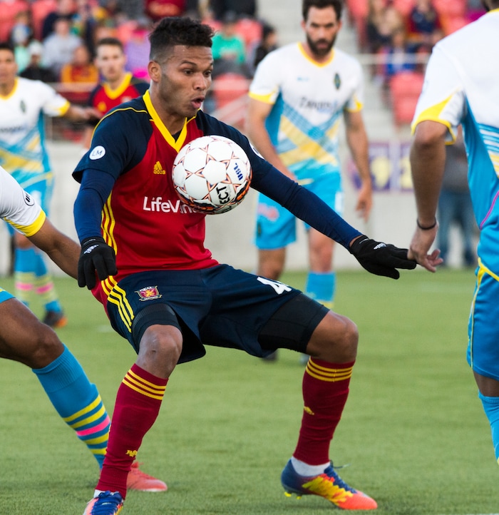 (Rick Egan  |  The Salt Lake Tribune)     Real Monarchs midfielder Maikel Chang (44) stops the ball, in soccer action between the Real Monarchs and Las Vegas Lights FC at the new Zions Bank Stadium in, Herriman, Monday, April 30, 2018.



