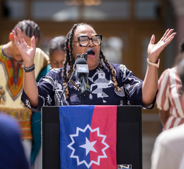 (Rick Egan | The Salt Lake Tribune)  Betty Sawyer says a few words at City Hall during a Juneteenth flag-raising ceremony Monday, June 19, 2023.
