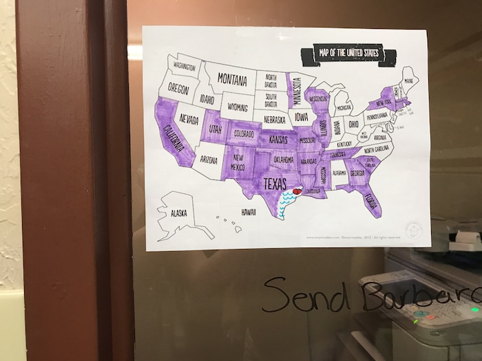 (Rachel Molenda  |  The Salt Lake Tribune)  A map with colored-in states to show where donations to Hurricane Harvey victims have come from at Gateway Church in Kountze, Texas, on Tuesday, Sept. 5, 2017.