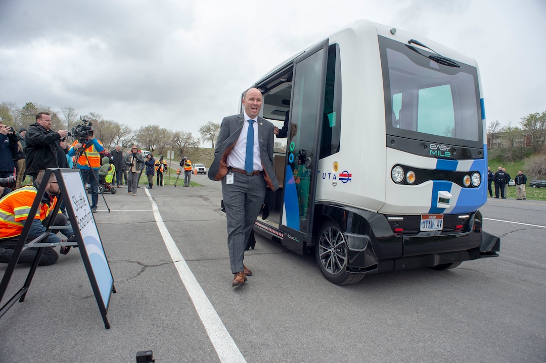 (Rick Egan  |  The Salt Lake Tribune)   Lt. Governor Spencer J. Cox exits the Autonomous Shuttle, after taking a test ride, as the Utah Department of Transportation, in partnership with the Utah Transit Authority, launched a new Autonomous Shuttle Pilot Project at the test track is across the street from UDOT headquarters on the west side of 2700 West (Constitution Blvd.)  Thursday, April 11, 2019.