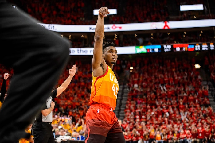 (Trent Nelson | The Salt Lake Tribune)  
Utah Jazz host the Oklahoma City Thunder, Game 3, NBA playoff basketball in Salt Lake City, Saturday April 21, 2018. Utah Jazz guard Donovan Mitchell (45) hits a three-pointer.