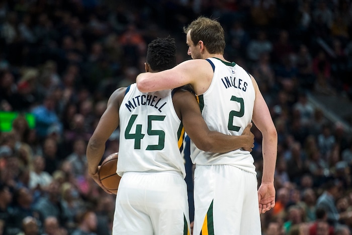 (Chris Detrick  |  The Salt Lake Tribune)  Utah Jazz guard Donovan Mitchell (45) and Utah Jazz forward Joe Ingles (2) during the game at Vivint Smart Home Arena Friday, December 1, 2017.  Utah Jazz defeated New Orleans Pelicans 114-108.