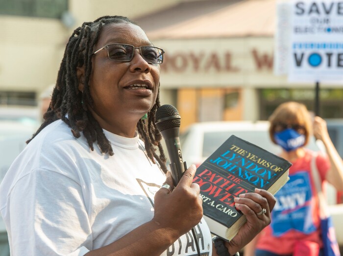 (Rick Egan  |  The Salt Lake Tribune)    Darlene McDonald, speaks to protesters during a rally to "Save the Post Office," hosted by Alliance for a Better Utah, NAACP Salt Lake Branch, League of Women Voters at the Post Office on 200 South in Salt Lake City, Saturday, Aug. 22, 2020.