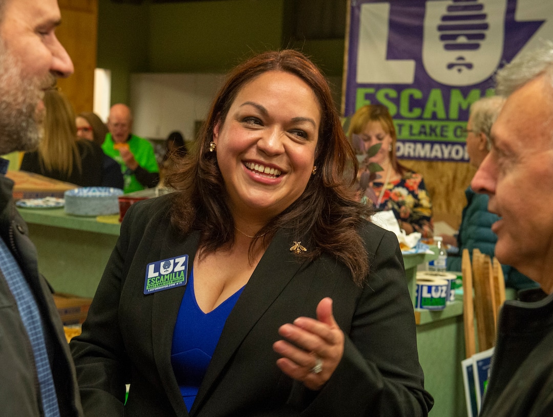 (Rick Egan  |  The Salt Lake Tribune)  Salt Lake City mayoral candidate Luz Escamilla visits with supporters as she waits for the results, at her campaign headquarters, Tuesday, Nov. 5, 2019.