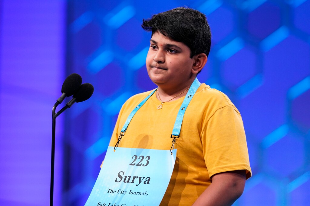 (AP Photo/Alex Brandon) Surya Kapu, 13, from South Jordan, competes during the Scripps National Spelling Bee, Wednesday, June 1, 2022, in Oxon Hill, Md.