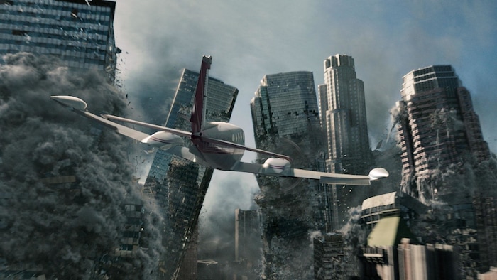 (Courtesy Columbia Pictures) A small plane tries to avoid collapsing Los Angeles buildings, in the 2009 disaster thriller "2012."