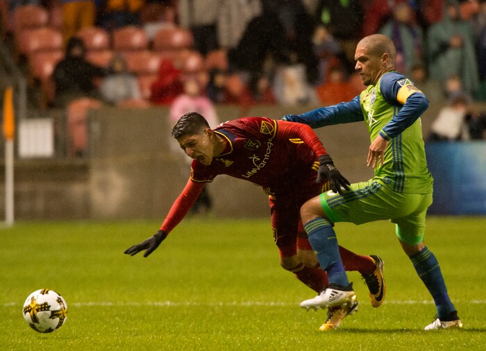 (Rick Egan  |  The Salt Lake Tribune) Real Salt Lake forward Jefferson Savarino (7) goes for the ball along with Seattle Sounders midfielder Osvaldo Alonso (6), in MLS soccer action, Real Salt Lake vs Seattle Sounders, in Sandy, Saturday, September 23, 2017.