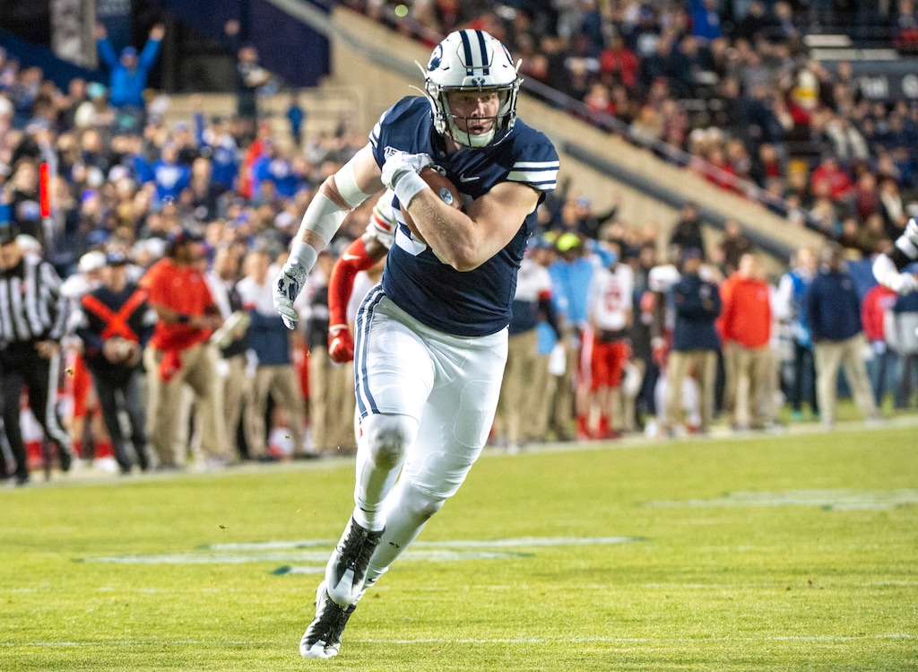 (Rick Egan  |  The Salt Lake Tribune)    Brigham Young tight end Matt Bushman (89), scores a Cougar touchdown, in football action between Brigham Young Cougars and Liberty Flames at Lavell Edwards Stadium in Provo, Saturday, Nov. 9, 2019.