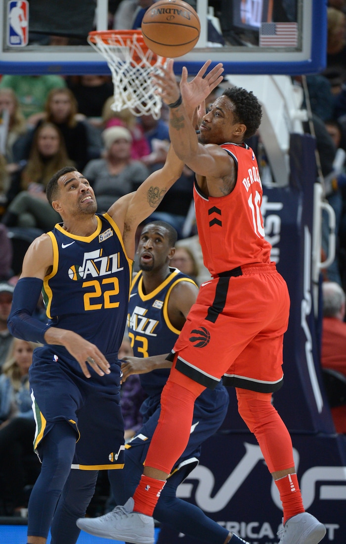 (Leah Hogsten  |  The Salt Lake Tribune) Utah Jazz forward Thabo Sefolosha (22) knocks the ball from Toronto Raptors guard DeMar DeRozan (10). The Utah Jazz lead the Toronto Raptors 54-53 at Vivint Smart Home Arena, Friday, November 3, 2017